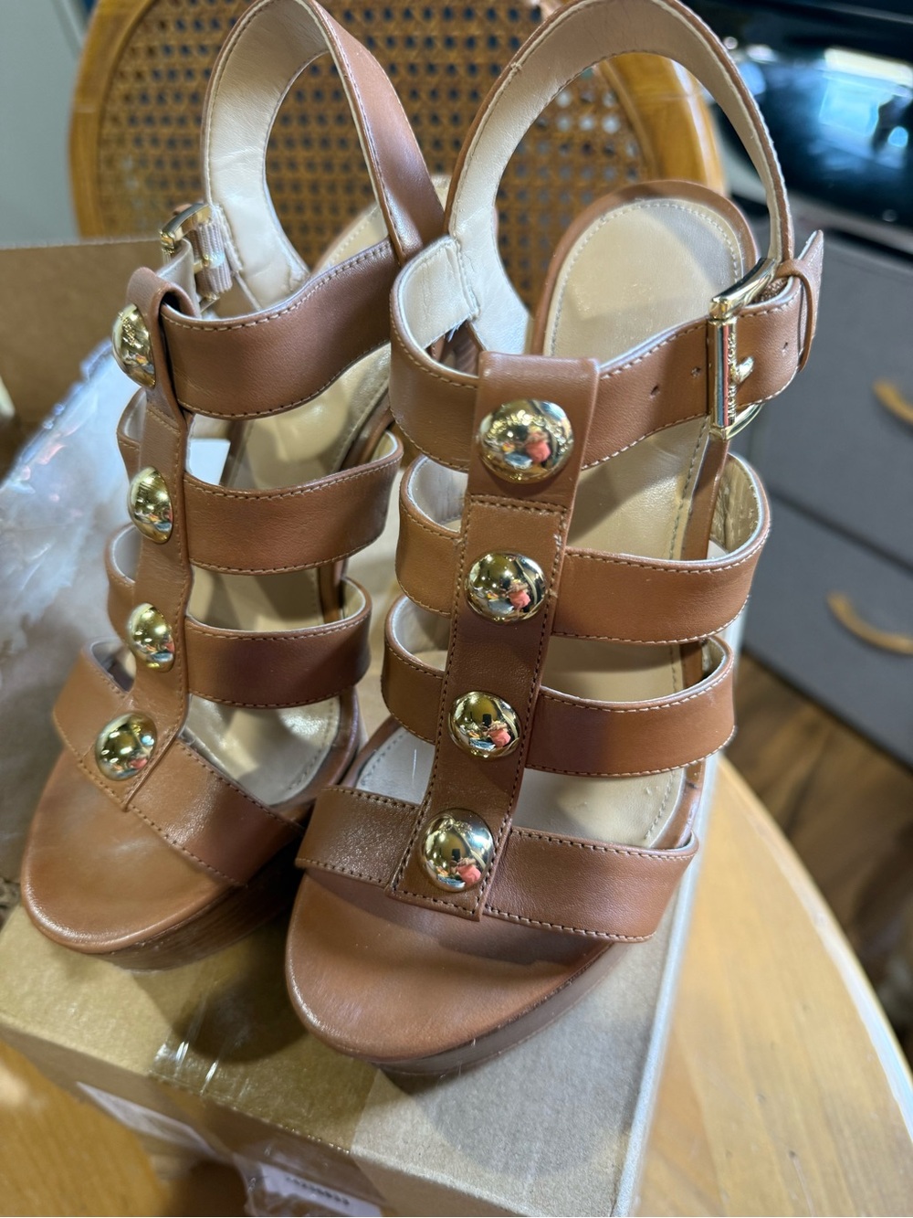 Michael Kors Tan Strappy Platform Sandals with Gold Studs